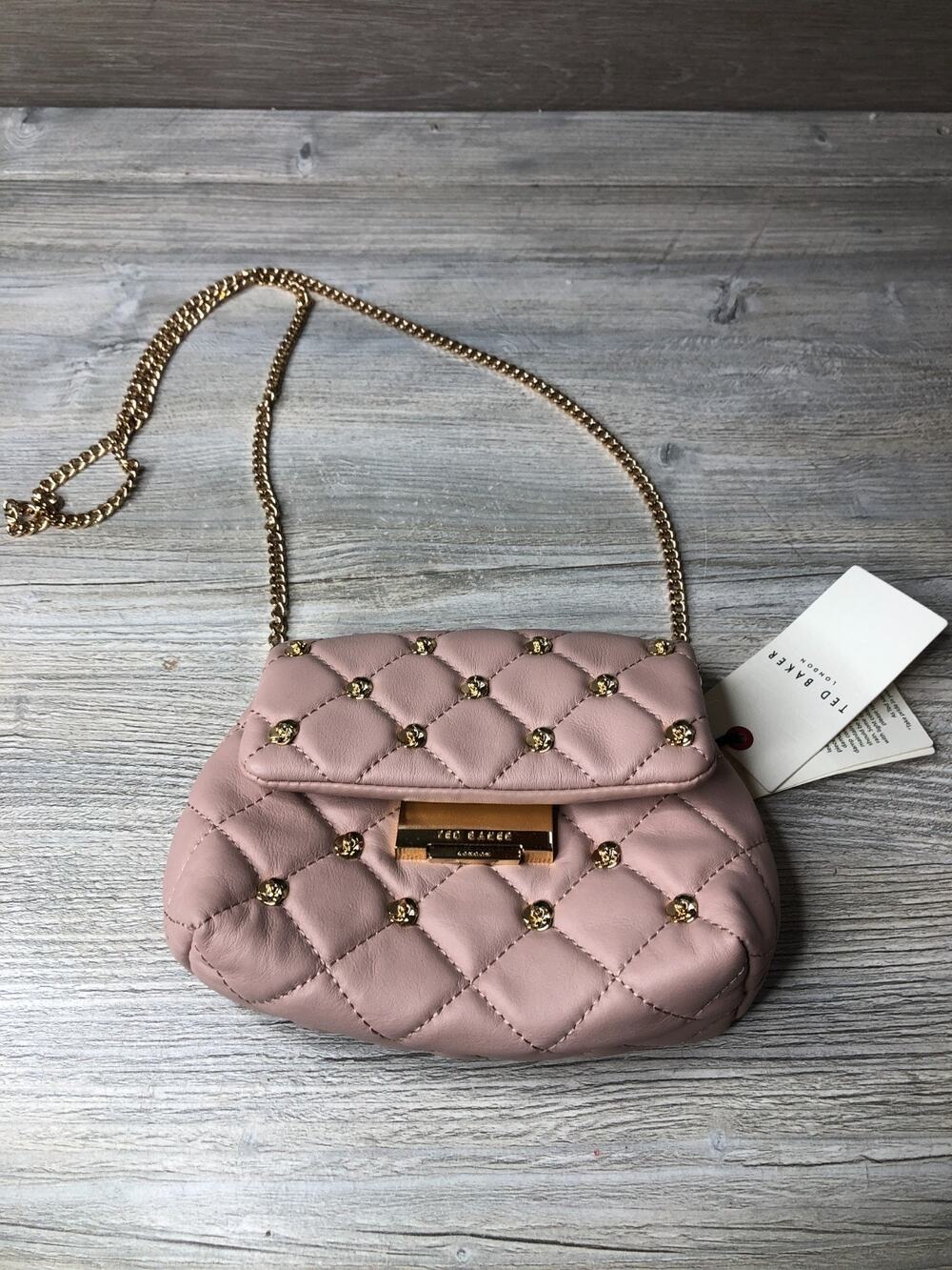 NEW Ted Baker London Ginn Quilted Leather Pink Crossbody Bag Gold Chain Strap